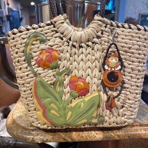 Brighton Wicker Leather Bag Purse Floral Monkey Good Condition 10 1/2 W 9 H 4